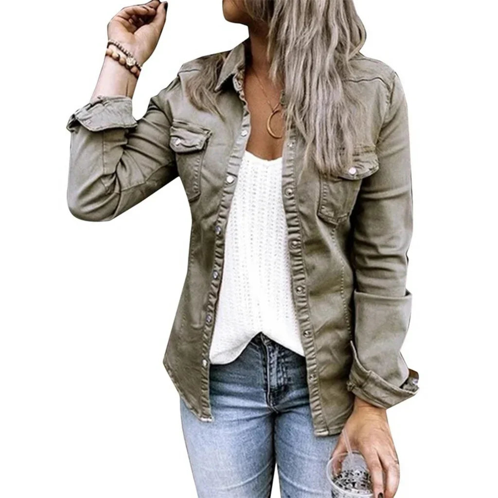 Women’s Jacket – Relaxed Tailored Fit – Denim Look – Button Front – Chest Pockets