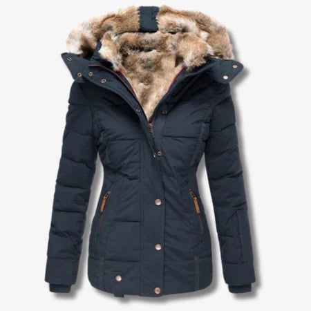 Women’s Puffer Jacket – Fitted Waist – Quilted Design – Faux Fur Hood – Water-Resistant