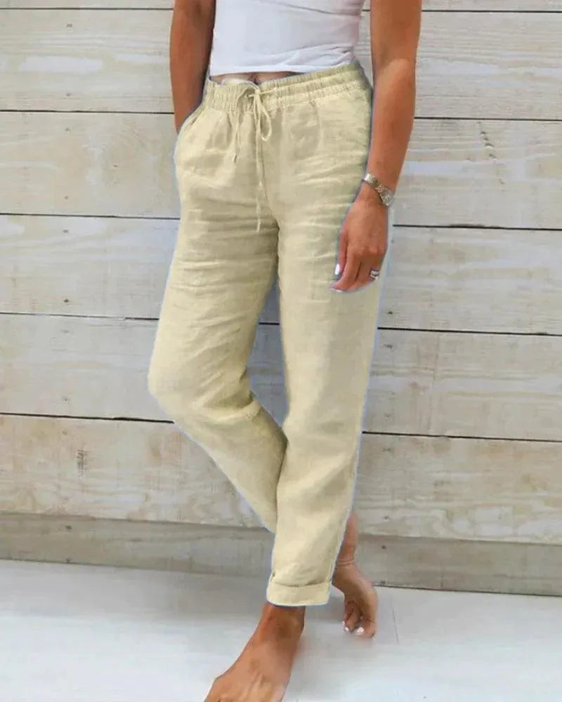 Women’s Trousers – Relaxed Fit – Elastic Waist with Drawstring – Breathable Blend – Full Length