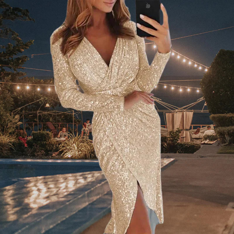 Women's Evening Dress - Sequin Midi - V-Neck Long Sleeve - Elegant Bodycon with Front Slit