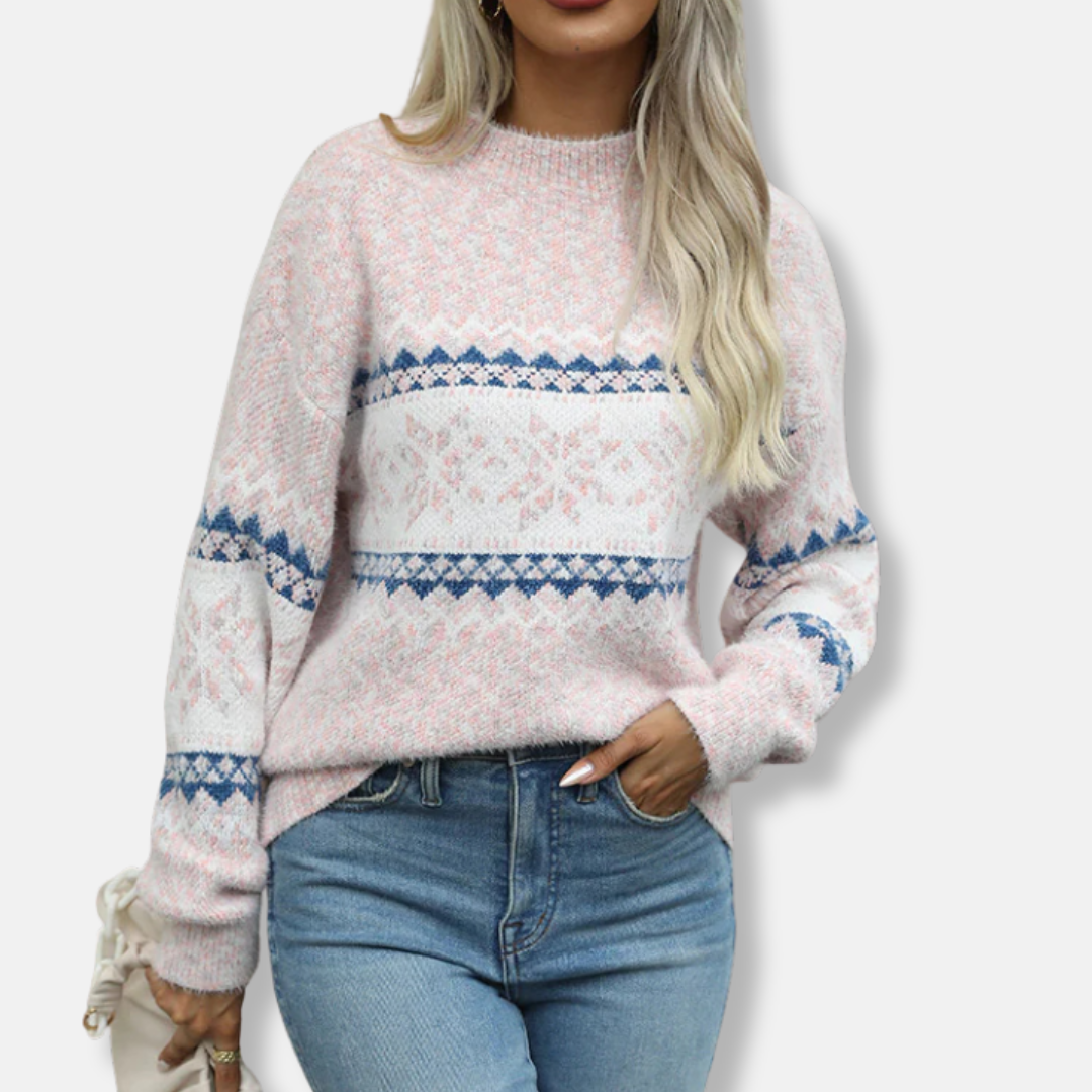Women’s Knit Sweatshirt – Oversized Fit – Fair Isle Pattern – Mock Neck – Ribbed Cuffs