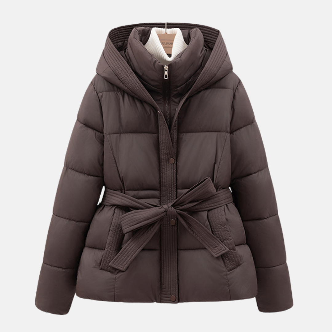 Women’s Padded Coat – Quilted Slim Fit – Hooded with Tie Waist and Pockets