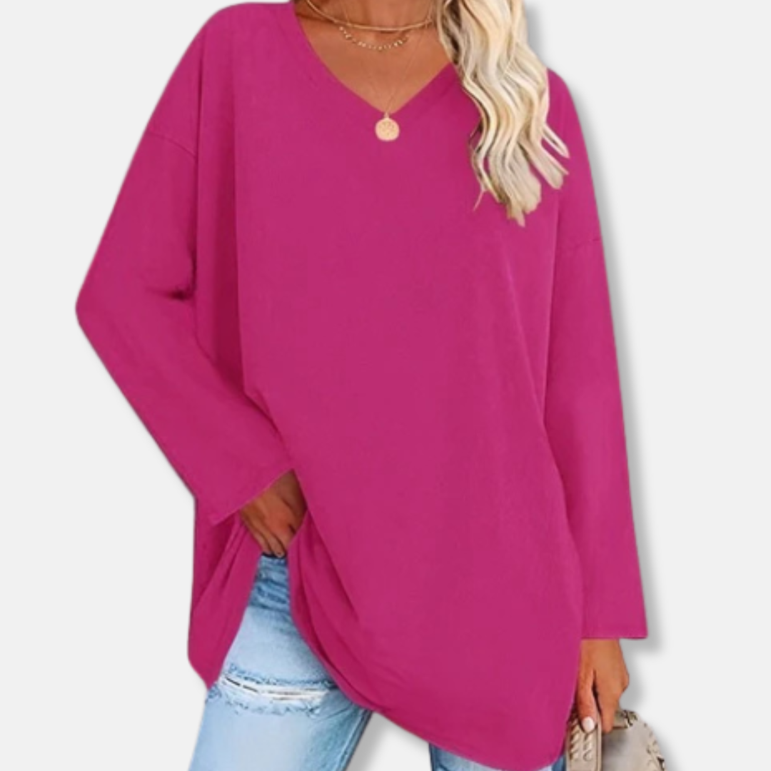 Florence Cotton Oversized V-Neck Tunic Top | Side Slits Curved Hem Tunic Top