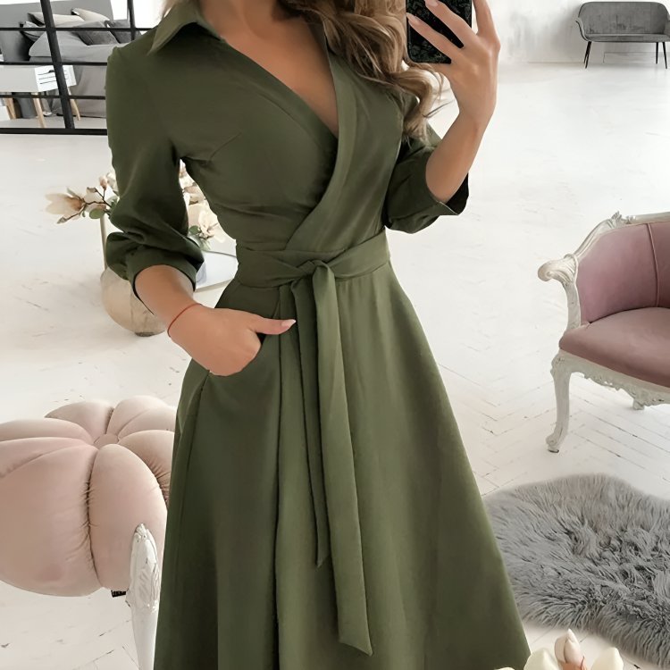 Women's Wrap Dress - V-Neck Adjustable Fit - Long Sleeve with Waist Tie - Elegant & Chic
