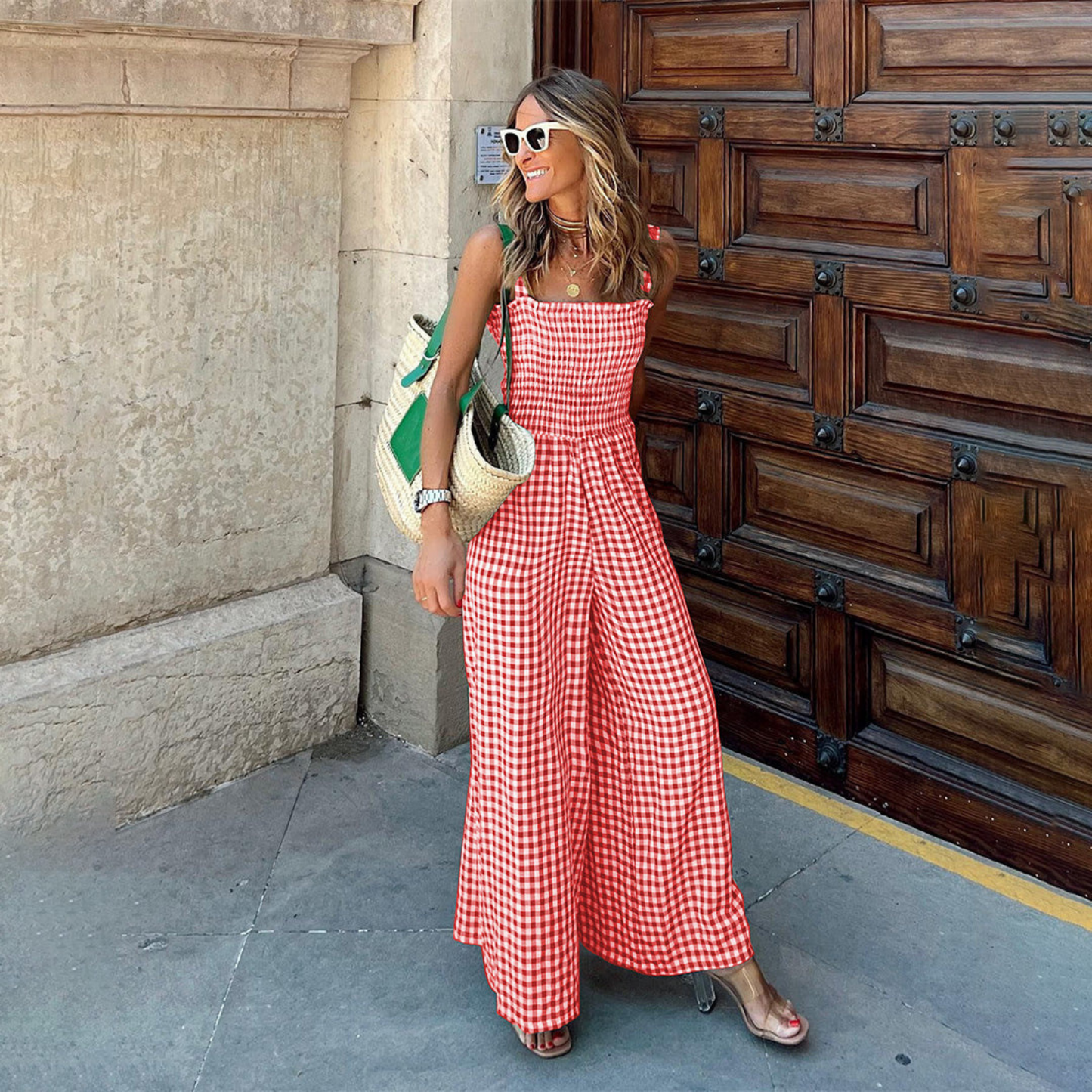 Women's Gingham Jumpsuit - Sleeveless Square Neck - Wide Leg Flowy Fit - Casual Wear