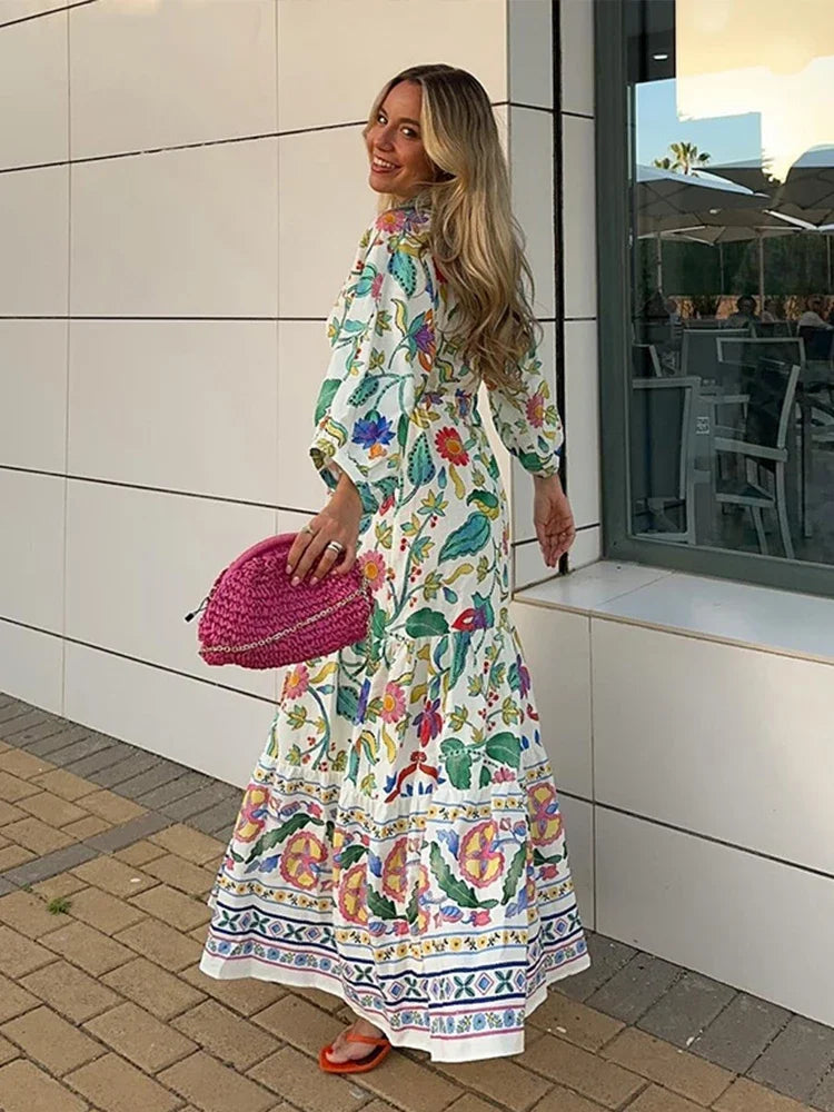 Women's floral lantern sleeve printed waist-baring dress