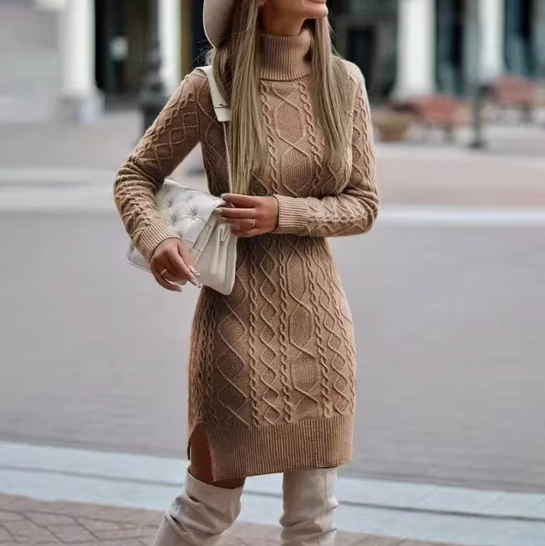 Women’s Knitted Dress – Slim Fit – Cable Knit – Turtleneck – Midi Length – Long Sleeve