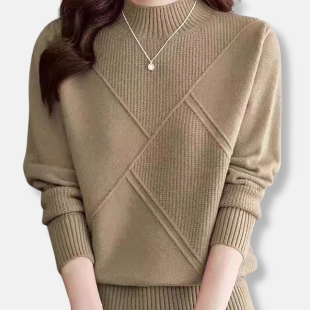 Women’s Sweater - Knit - Mock Neck - Geometric Pattern - Ribbed Cuffs & Hem