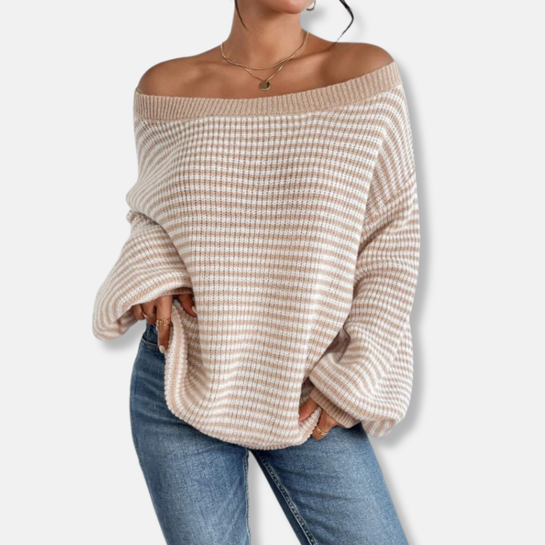 Women’s Sweatshirt - Knitted - Loose Fit - Boat Neckline - Lantern Sleeve