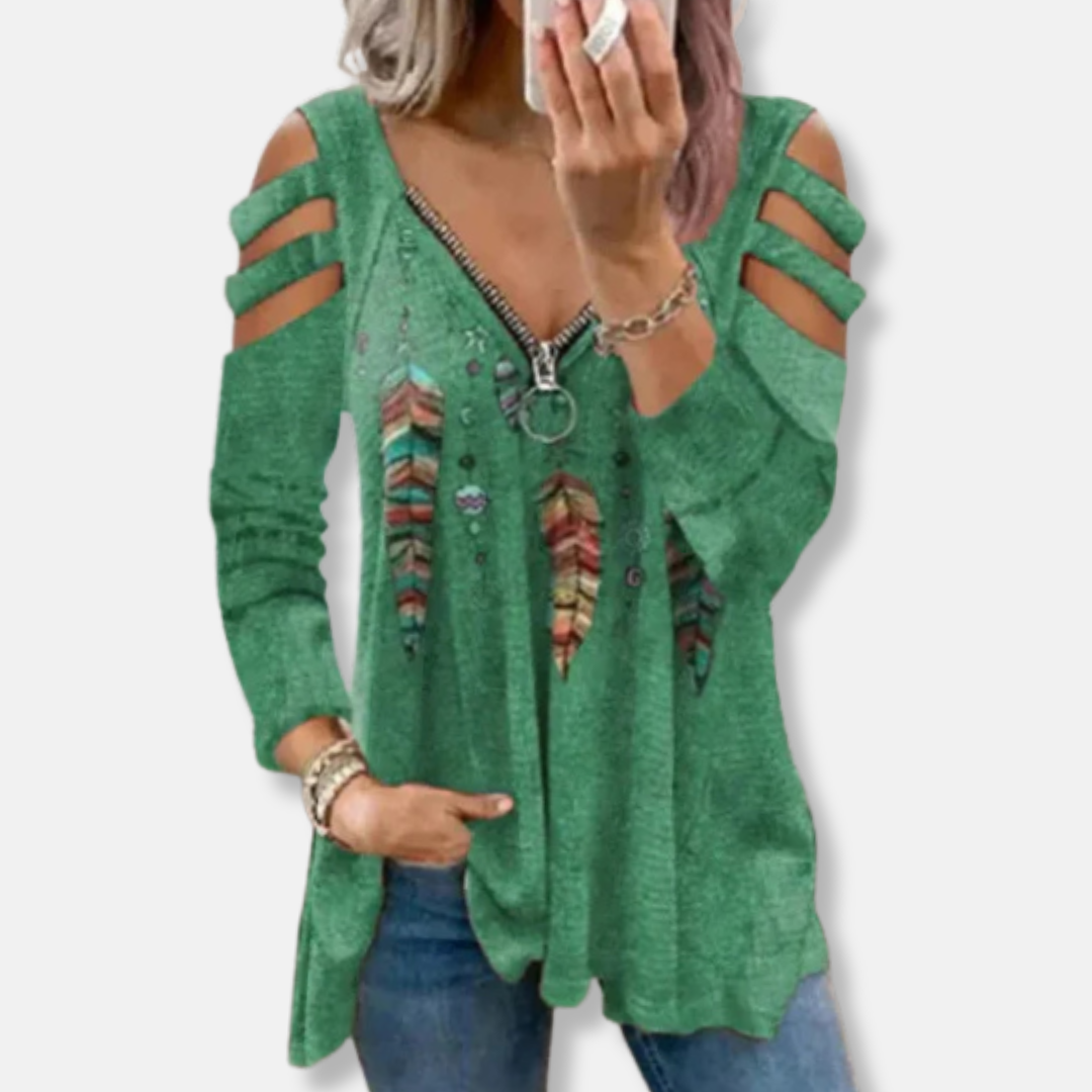 Florence Relaxed Fit Pullover Top | Zipper V-Neck Cold Shoulder Pullover Top