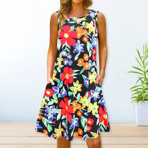 Women's Sleeveless A-Line Dress - Floral Print - Round Neck - Casual Loose Fit