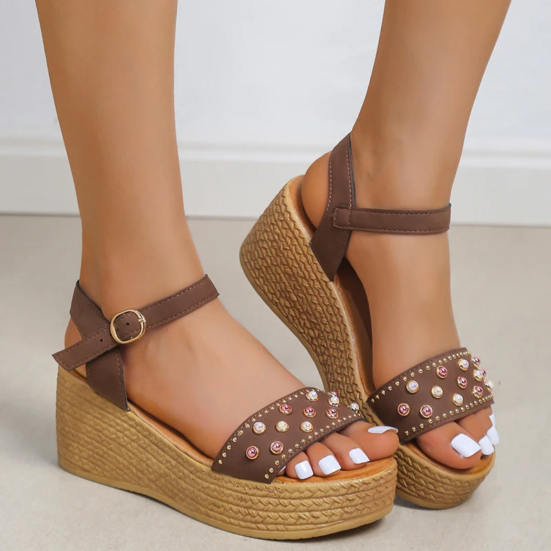 Women's Wedge Sandals - Adjustable Ankle Strap - Studded Forefoot - Comfortable Heel