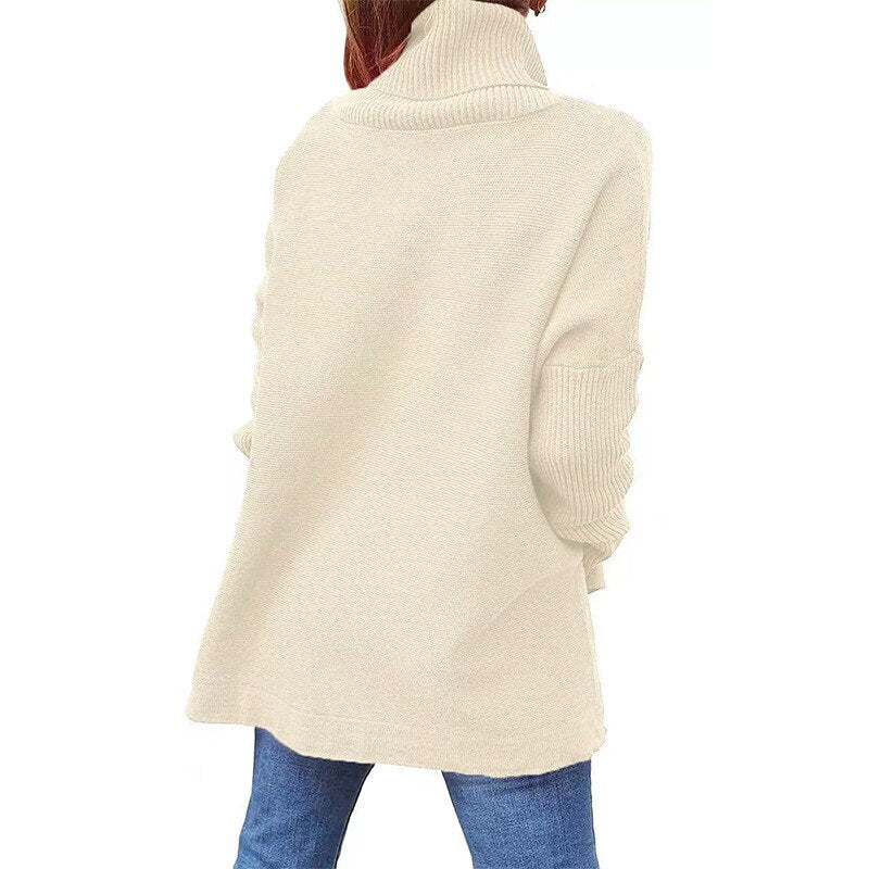 Women's mid-length high neck bat sleeve pullover sweater