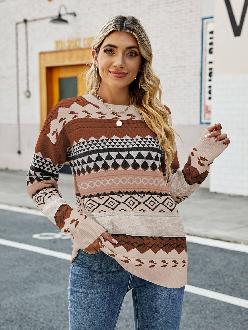 Women's fair isle pattern round neck pullover sweater