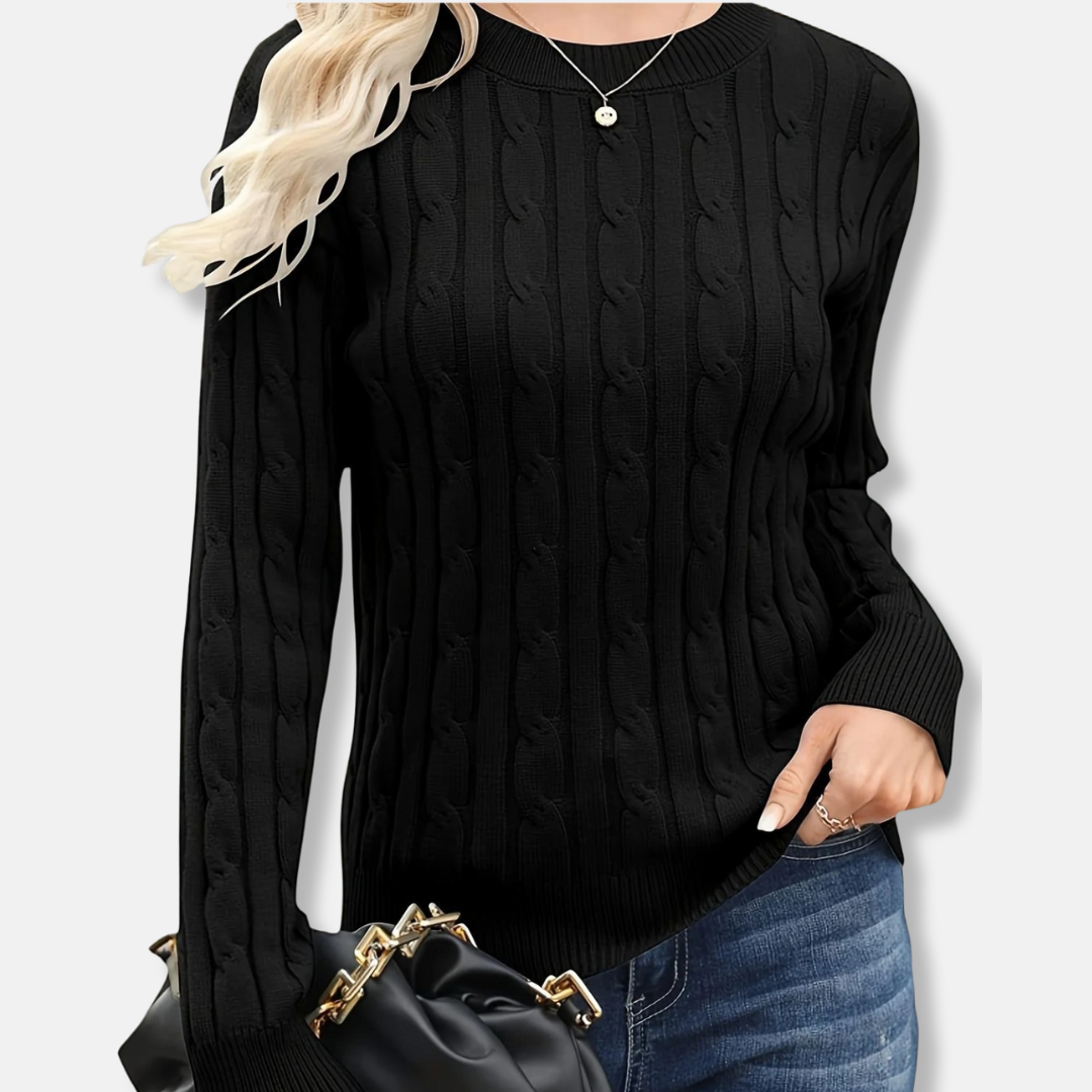 Women’s Sweater - Knit Fabric - Cable Knit Texture - Crew Neck - Ribbed Cuffs