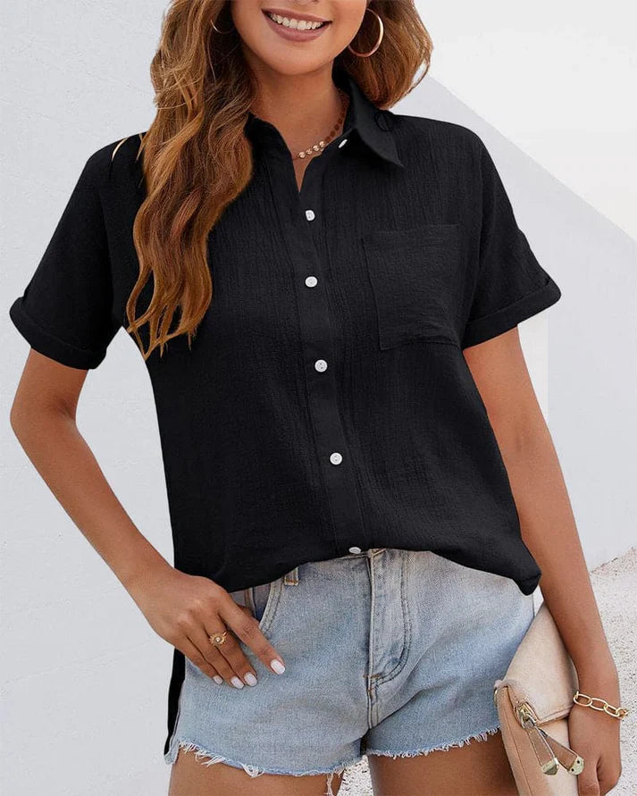 Women's Button-Down Shirt - Short Sleeve Cuffed - Relaxed Fit - Lightweight Casual Wear