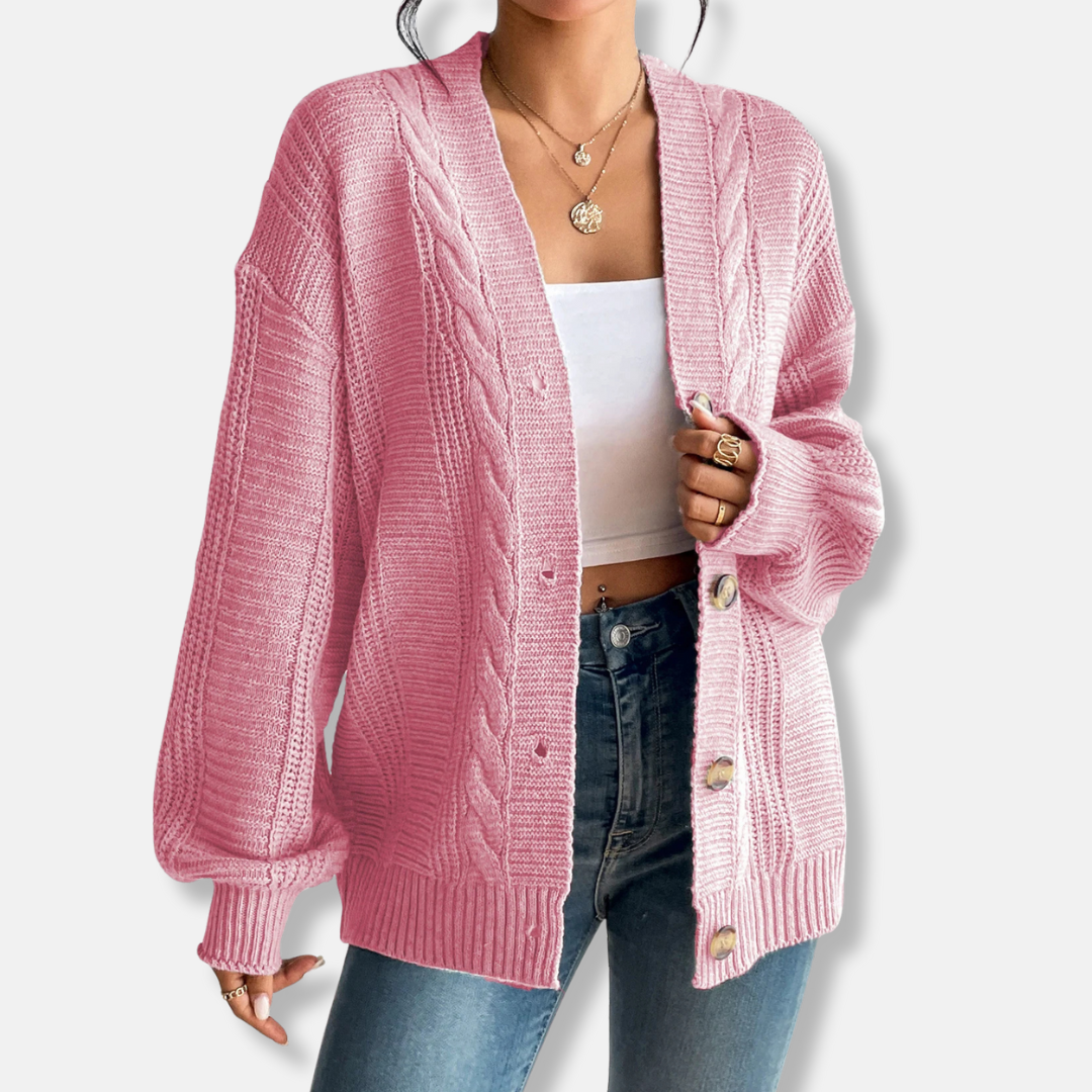 Women’s Cardigan Jacket – Wool Knit – Oversized Fit – Cable Pattern – Button Front