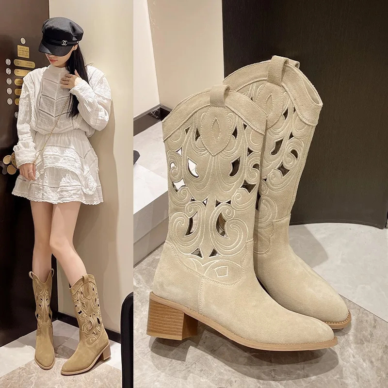 Women's stylish suede western cowboy boots with cut-outs