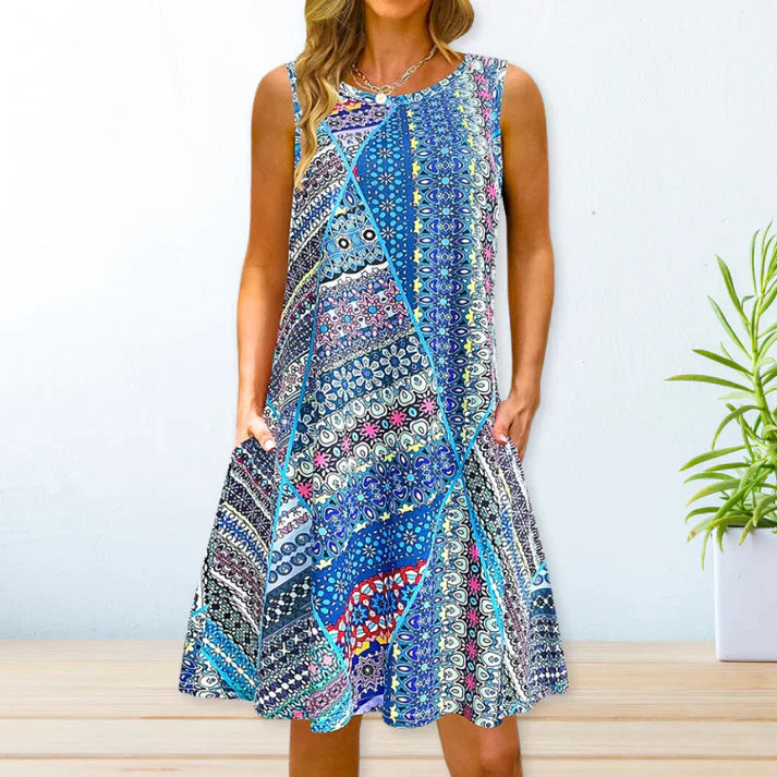 Women's Sleeveless A-Line Dress - Floral Print - Round Neck - Casual Loose Fit