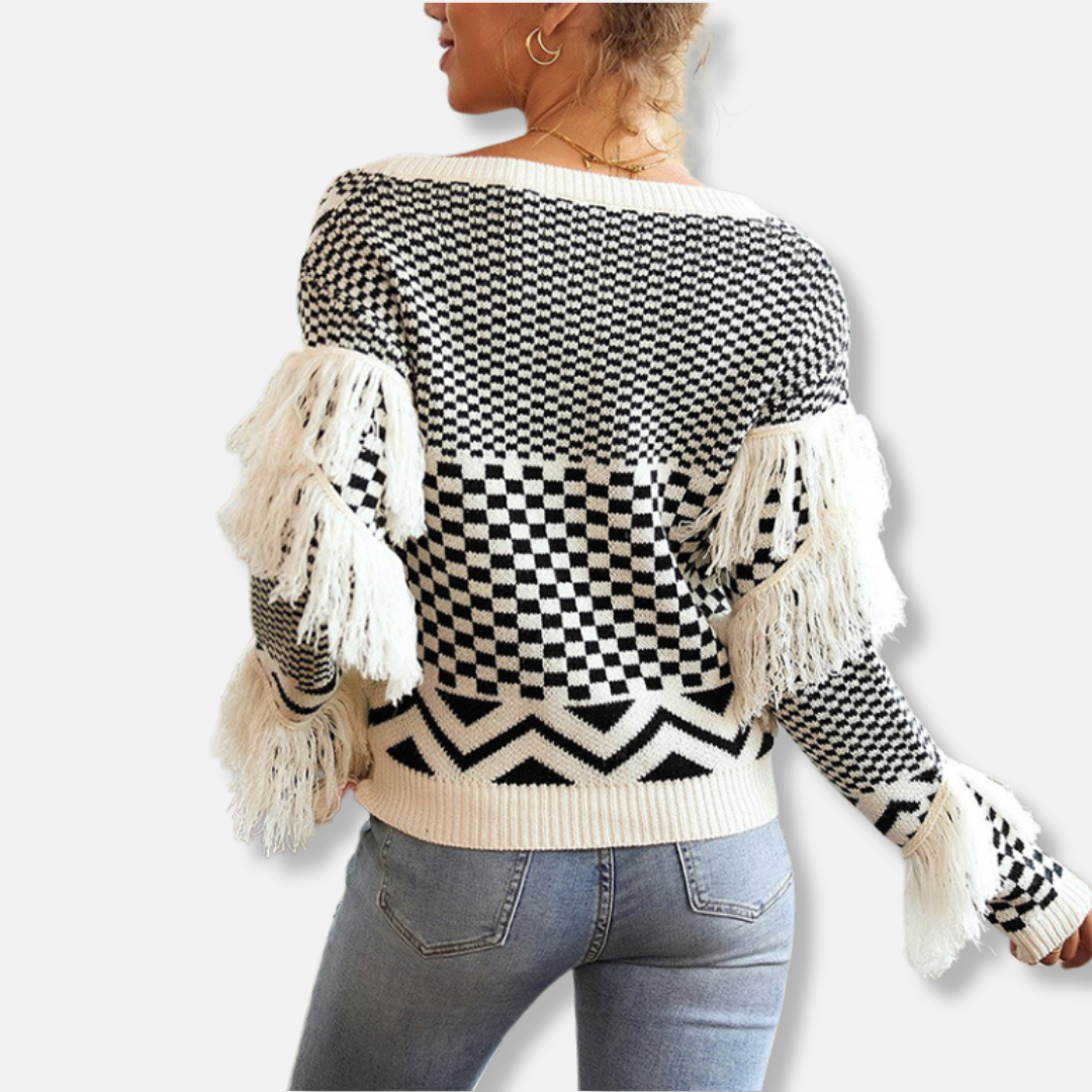 Women’s Sweater – Wool Knit – V-Neck – Relaxed Fit – Fringe Trim – Geometric Design