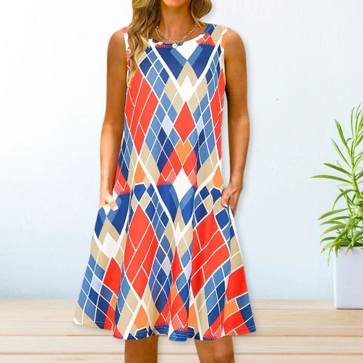 Women's Sleeveless A-Line Dress - Floral Print - Round Neck - Casual Loose Fit