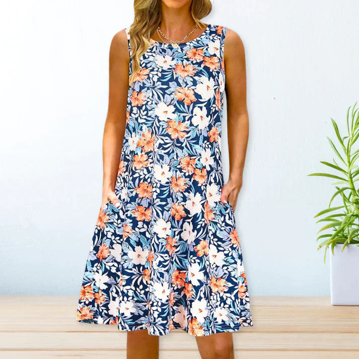 Women's Sleeveless A-Line Dress - Floral Print - Round Neck - Casual Loose Fit