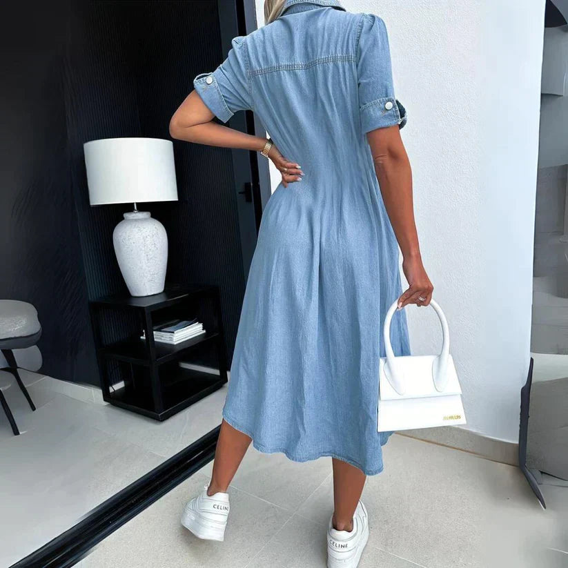 Women's Denim Shirtdress - Button-Down Collar - Cinched Waist - Short Sleeve Midi