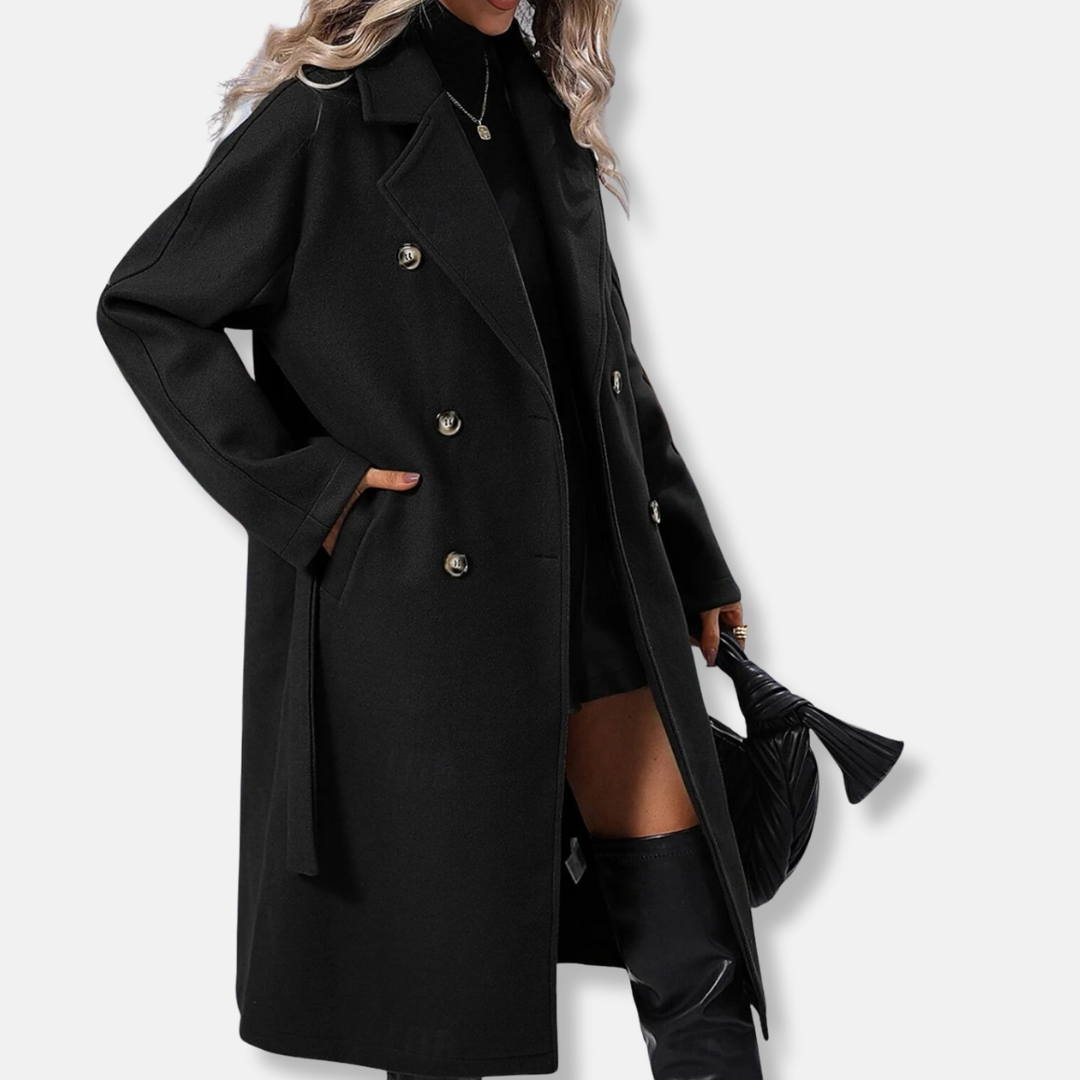 Isabella Wool Double-Breasted Trench Coat | Belted Collared Trench Coat