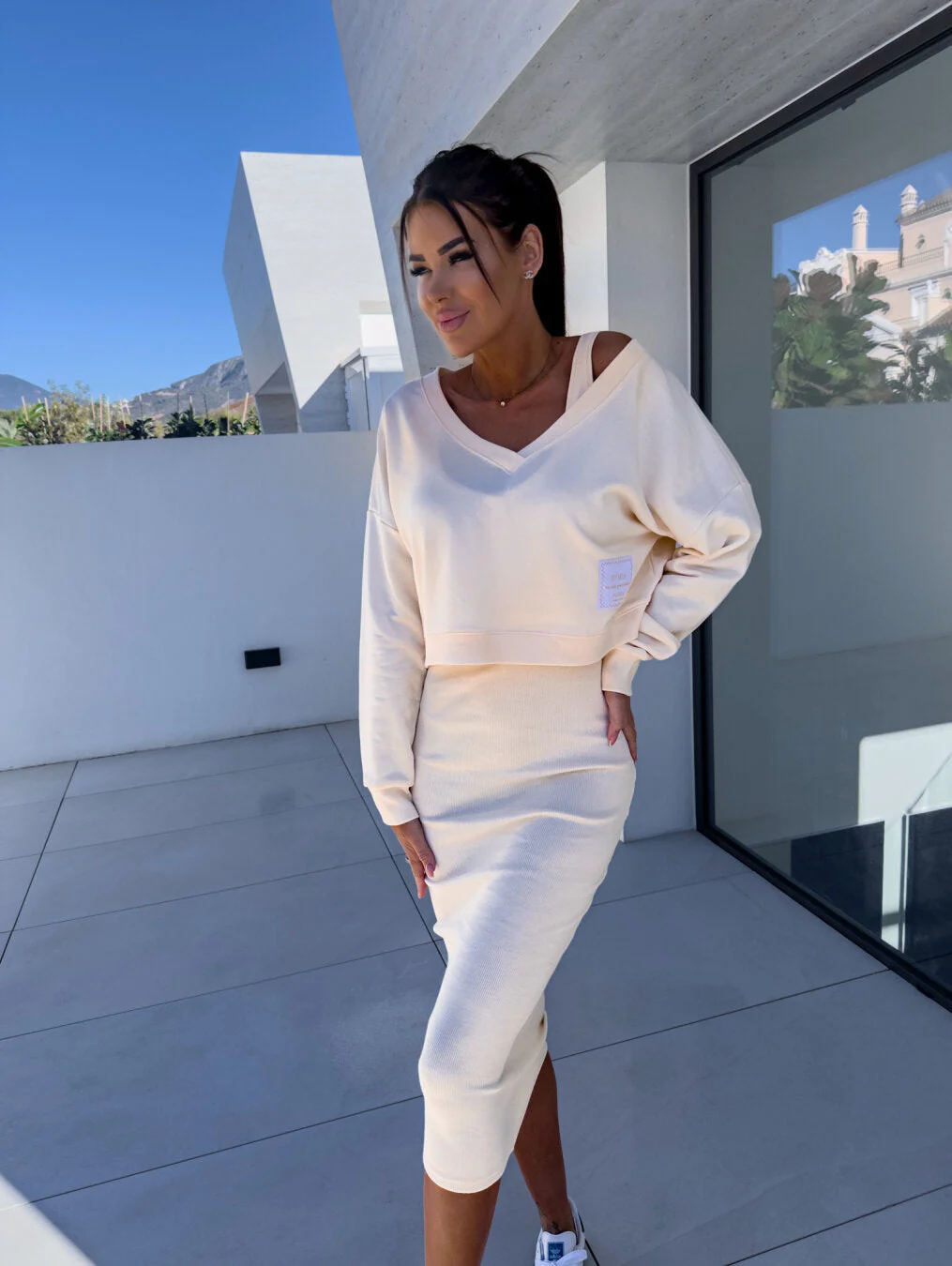 Women's Two-Piece Outfit - Cropped Off-Shoulder Sweatshirt & High-Waisted Pencil Skirt