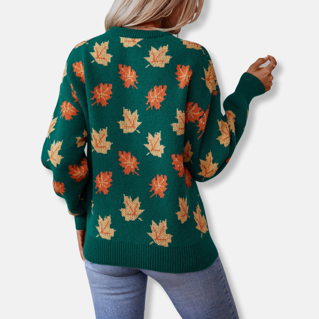 Women’s Sweatshirt – Relaxed Fit – Knit Jacquard Maple Leaf Pattern – Ribbed Trim