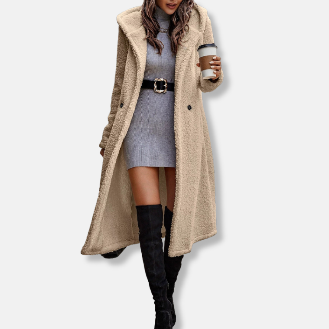 Women’s Long Coat – Plush Textured Fabric – Relaxed Fit – Hooded – Button Front