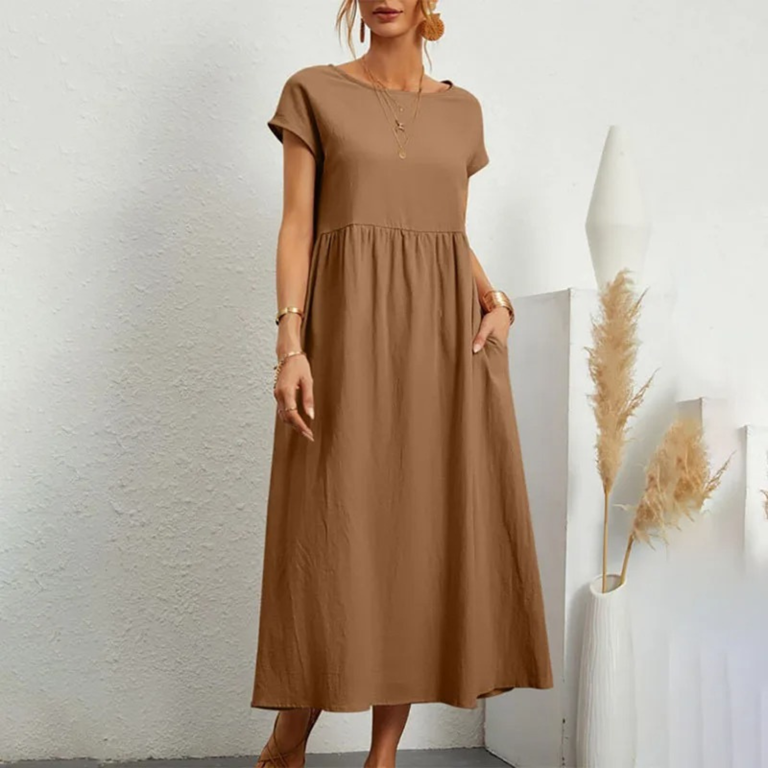 Relaxed Linen Empire Waist Maxi Dress