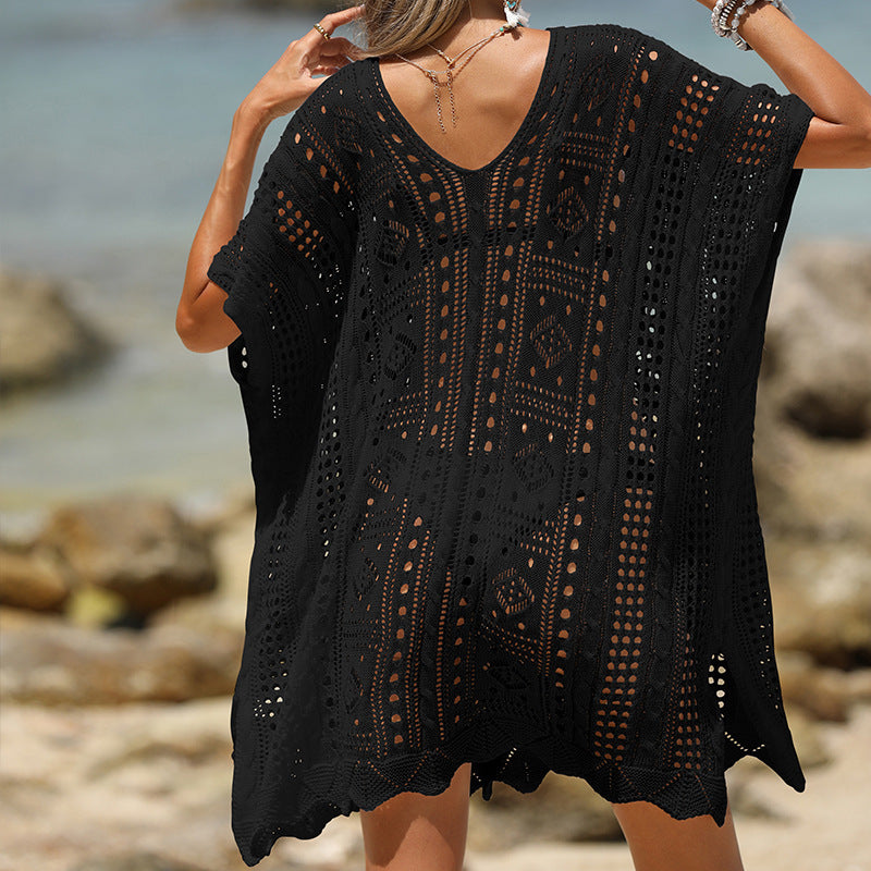 Women’s Beach Cover-Up – Soft Knit – Open Knit – Loose Fit – Mini Length – Short Sleeve