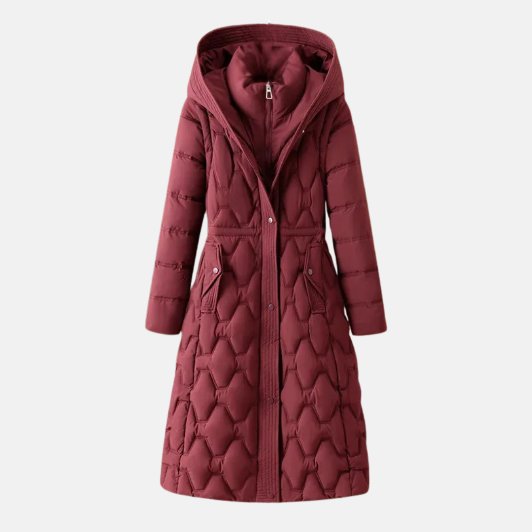 Women’s Long Quilted Jacket – Fitted Waist – Padded Insulation – Hooded – Snap Closure