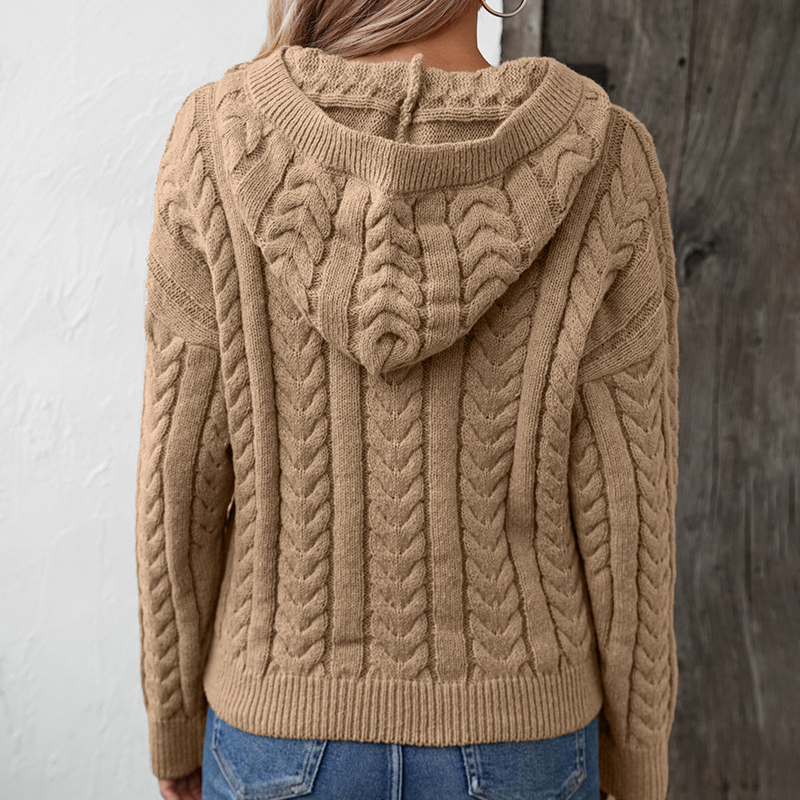 Women's retro buttoned cable knit hoodie sweater