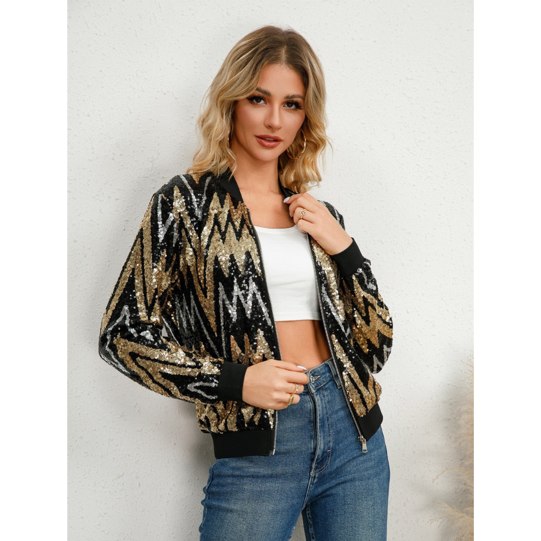 Women’s Bomber Jacket – Sequin Zigzag Pattern – Standard Fit – Zipper Front – Ribbed Trim