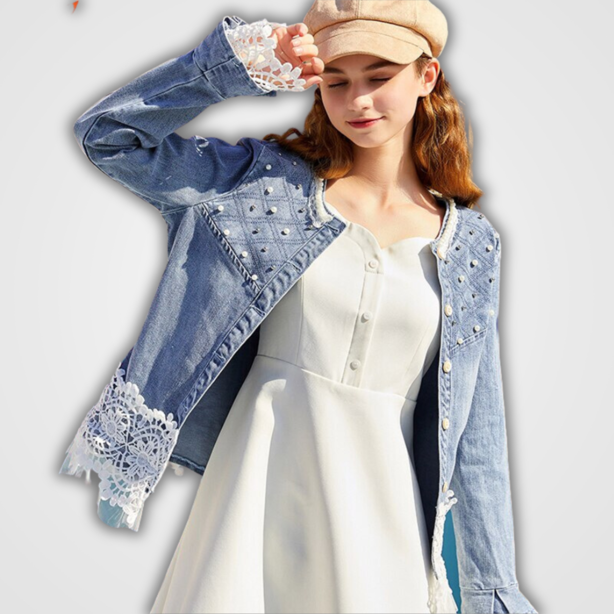 Women's denim jacket with beads and lace stitching