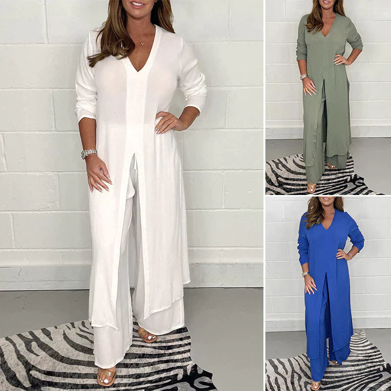 Women's slit long tops and pants suit