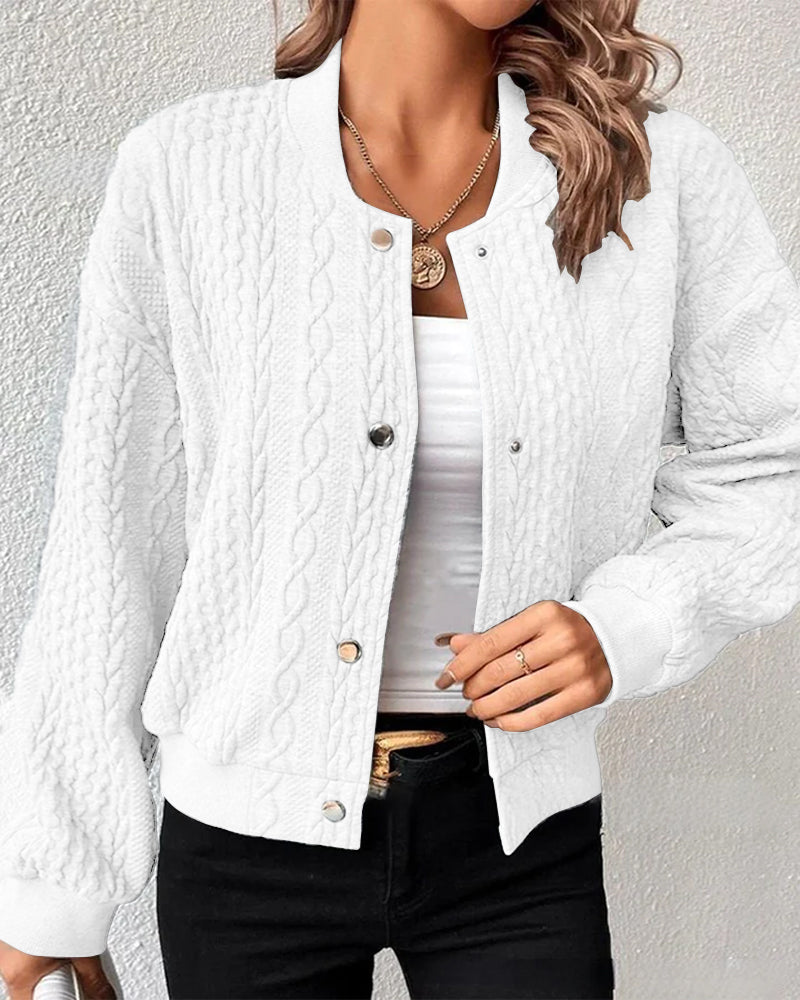 Women's Bomber Jacket - Cable Knit - Snap Button Front - Ribbed Collar & Cuffs
