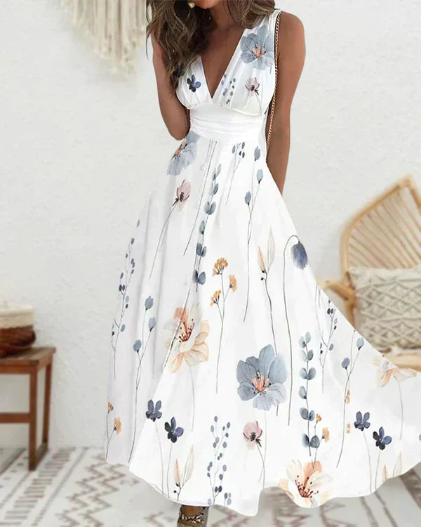 Women's Maxi Dress - Sleeveless Deep V-Neck - Floral Print - Flowy Lightweight Fit