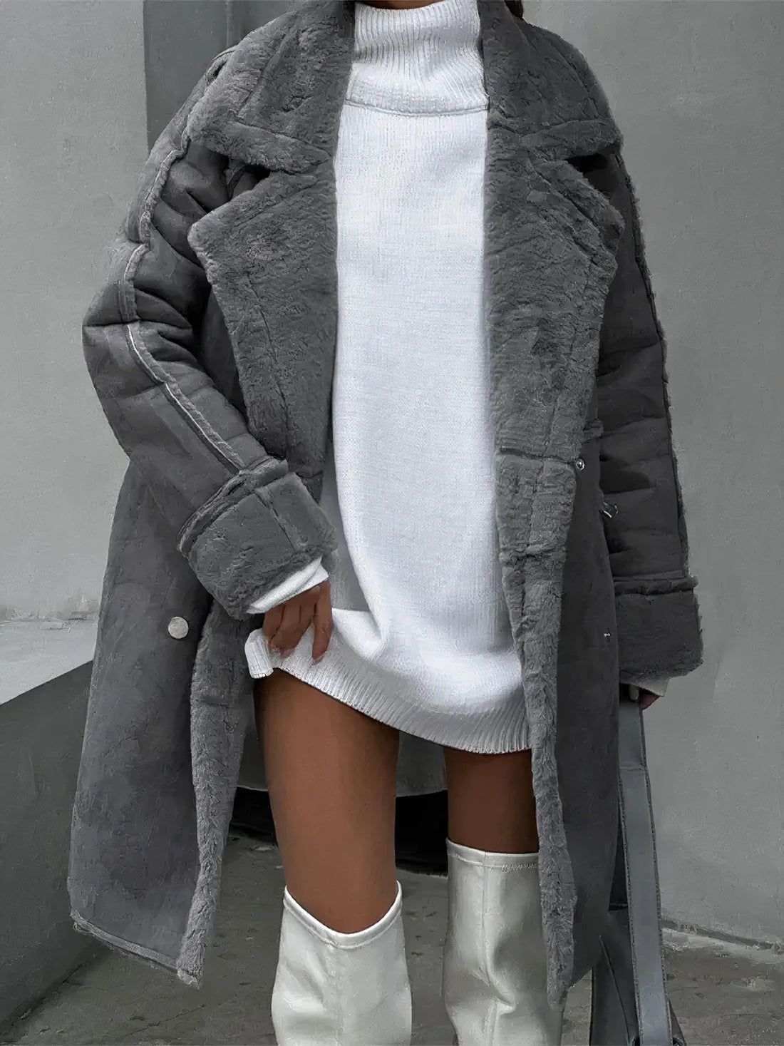 Women's lapel warm long plush jacket