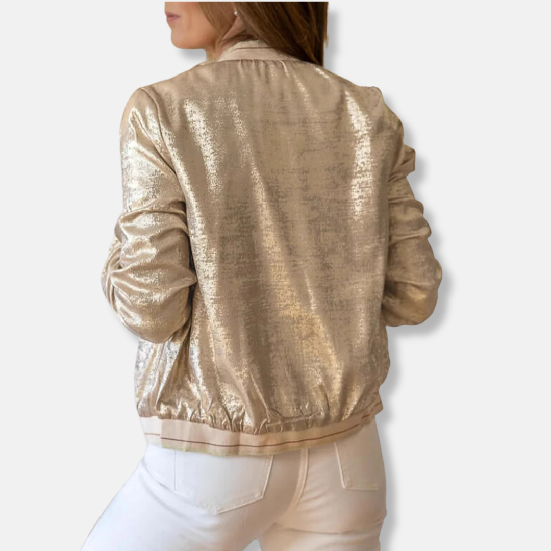 Women’s Bomber Jacket – Shiny Textured Fabric – Relaxed Fit – Zippered Pockets – Ribbed Trim