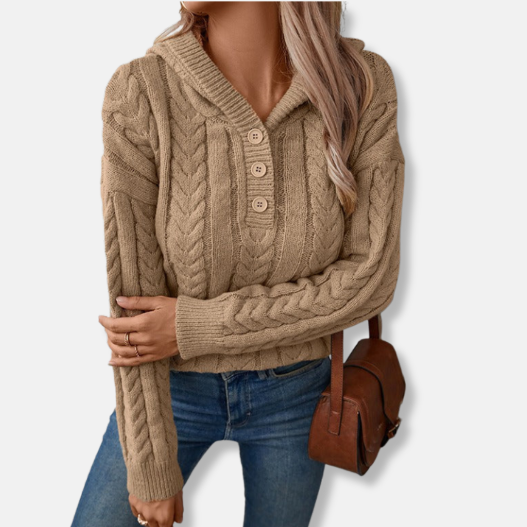 Isla Relaxed Fit Hooded Sweater | Cable Knit Button Placket Sweater