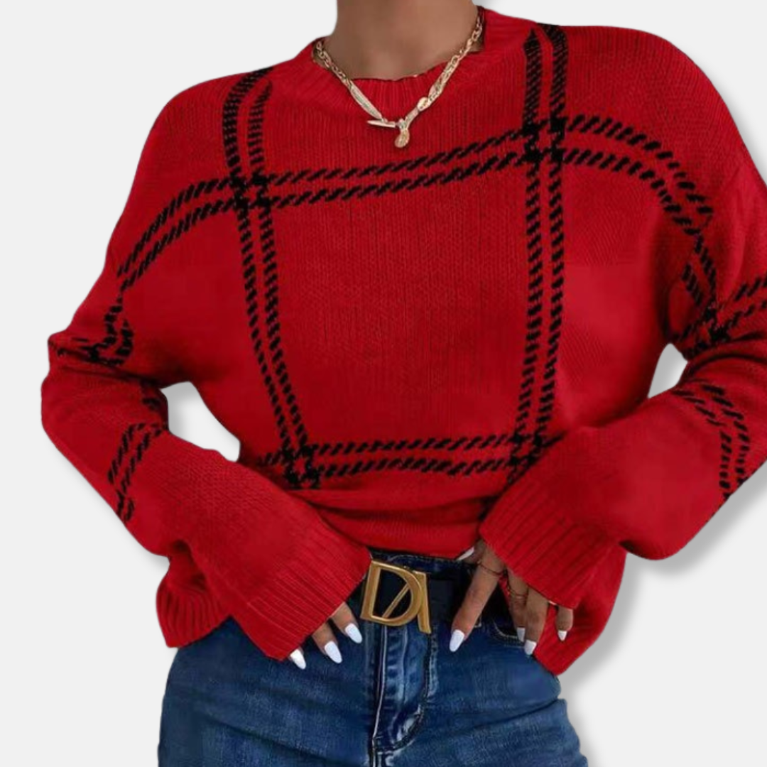 Women’s Sweatshirt - Knit Fabric - Windowpane Plaid - Crew Neck - Long Sleeve