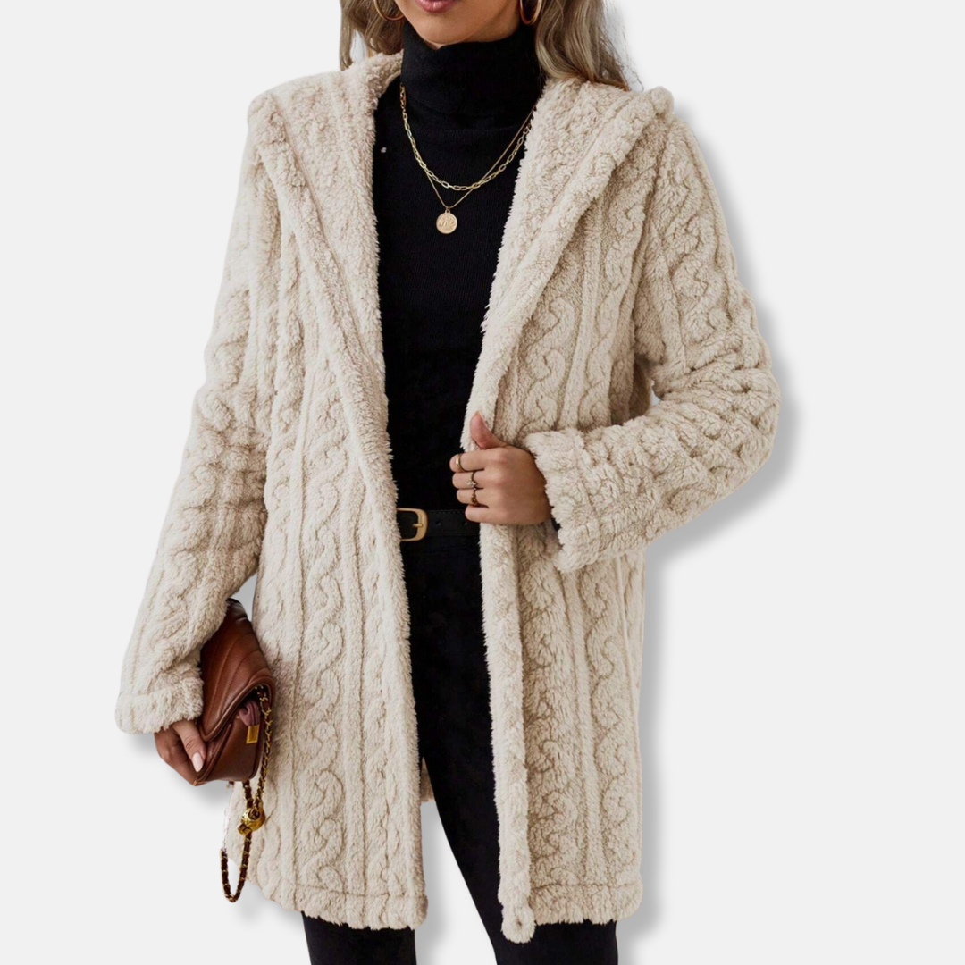 Isabella Fleece Cable Knit Cardigan Jacket | Relaxed Fit Thigh Length Cardigan Jacket