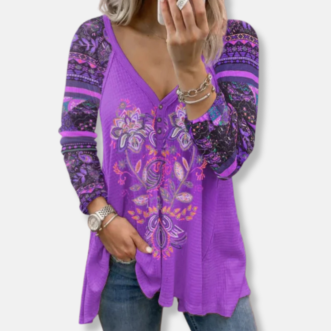 Freya Loose Fit Long Sleeve T-Shirt | V-Neck Button Front T-Shirt