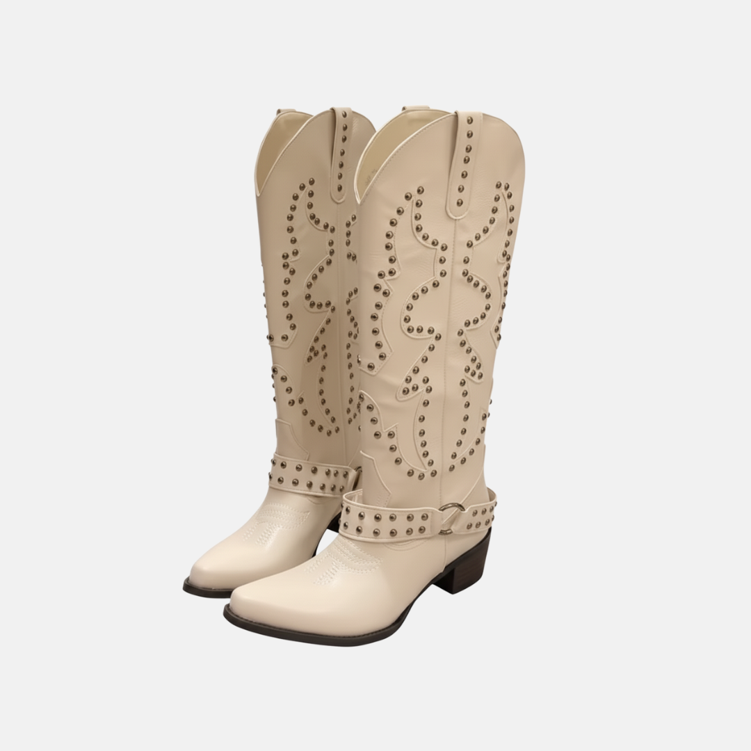 Women’s Boots - Faux Leather - Knee-High Shaft - Pointed Toe - Studded Rivet Detailing