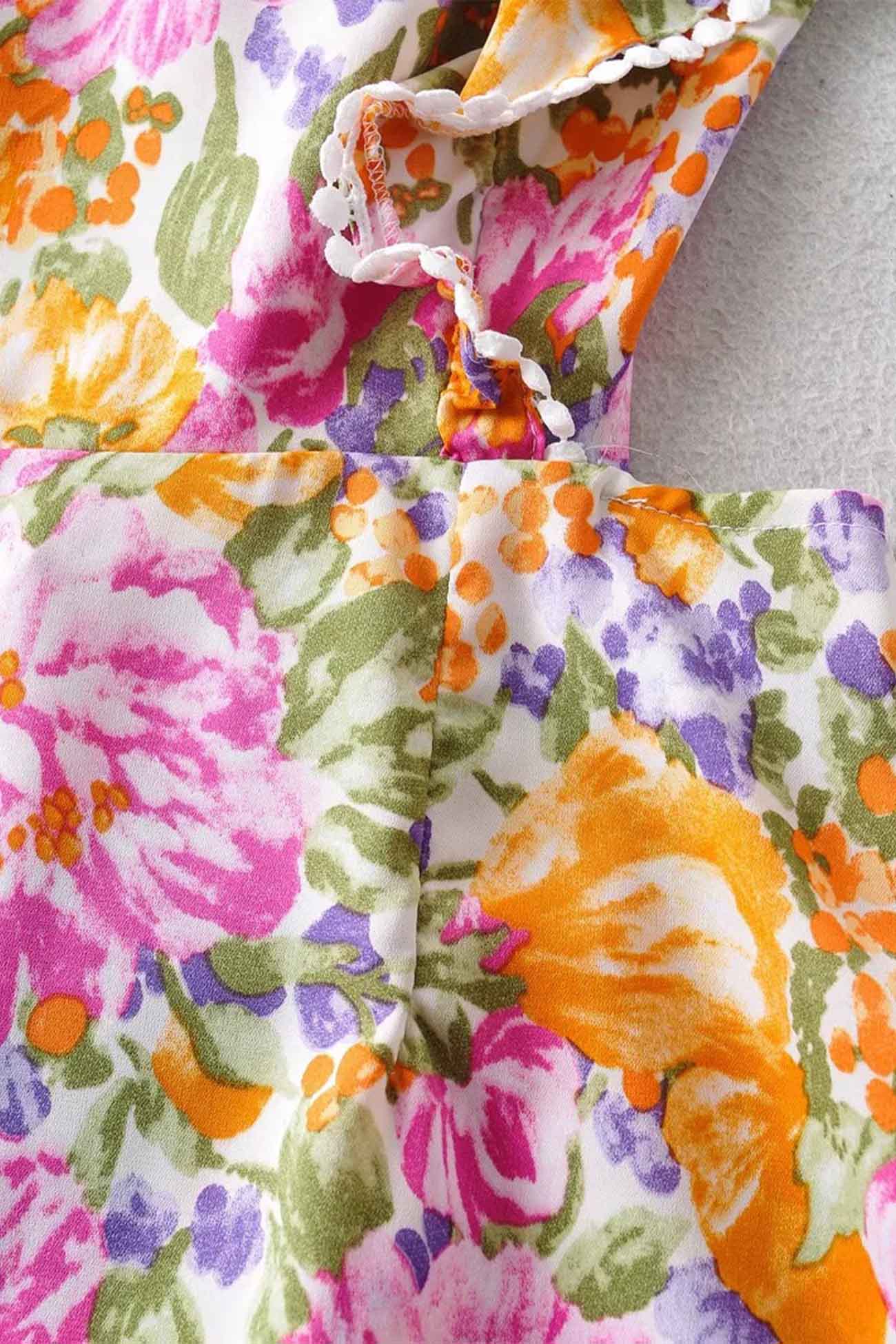 Women's Sundress - Floral Print - Square Neck - Ruffle Straps - Flared Skirt