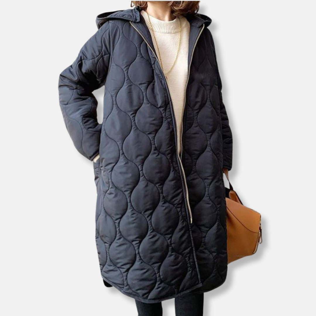 Women’s Quilted Jacket – Oversized Fit – Hooded Long Length – Zip Front Closure