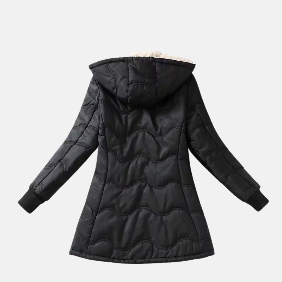 Women’s Mid-Length Coat – Quilted Sherpa Lined – Hooded Loose Fit – Zipper Closure
